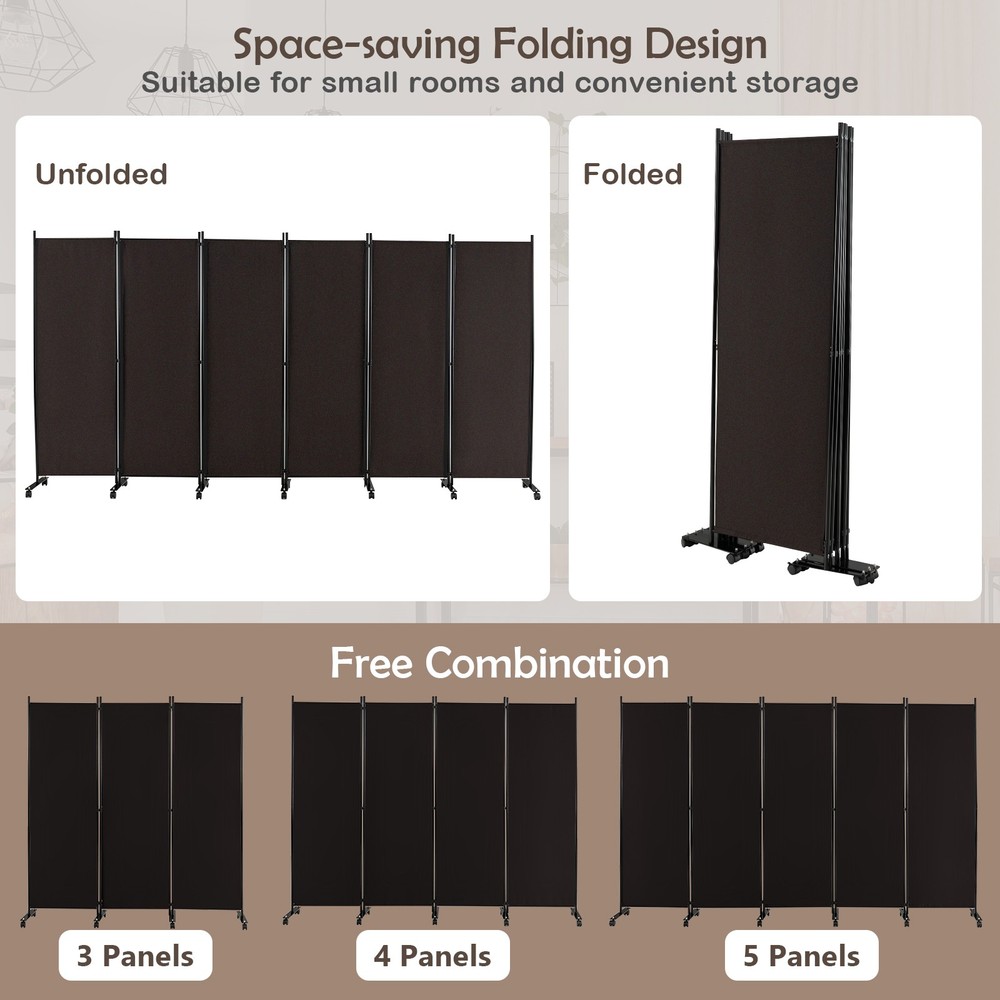 6-Panel Folding Room Divider 6' Rolling Privacy Screen w/ Lockable Wheels Brown