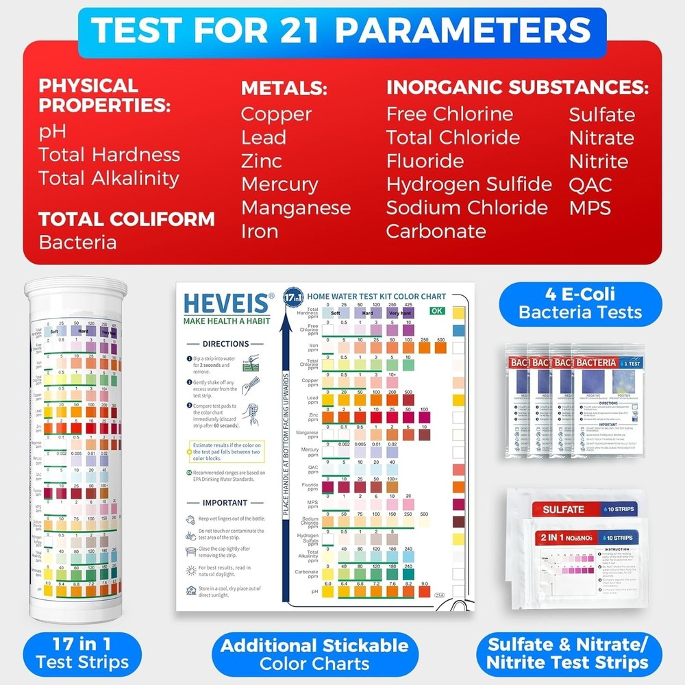 Comprehensive 21-in-1 Water Testing Kit – 120 Strips, Bacteria Testing Included