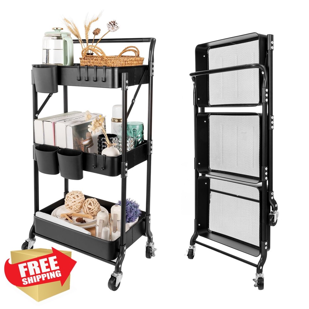3 Tier Foldable Rolling Cart Black Storage Organizer Hooks