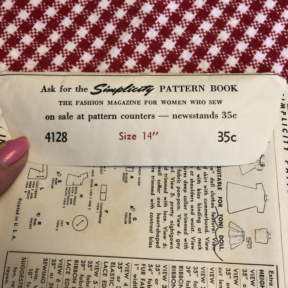 Vintage 14” Doll Clothes Pattern W Instructions 1950’s