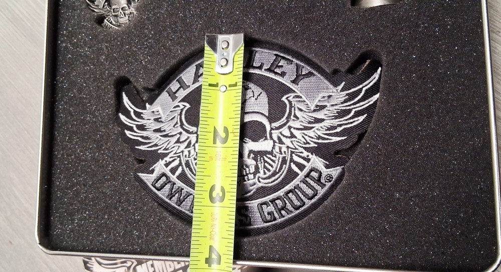 Harley Davidson HOG Owners Group Kit Tin Box With Pin, Patch, Bell, & Booklet