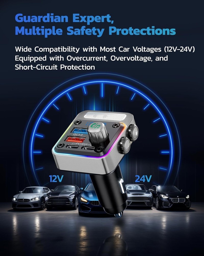 54W Wireless Bluetooth 5.3 Car Adapter with 4 Ports & Enhanced Audio Experience