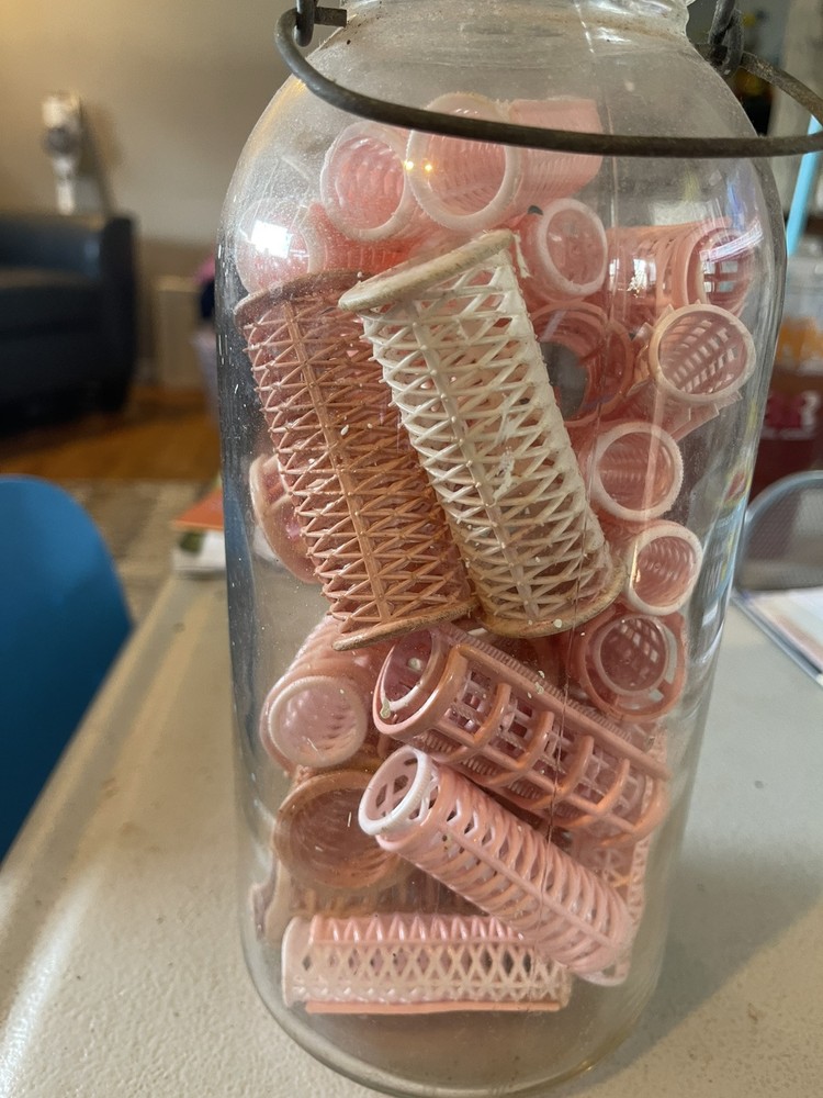 Antique Hair Rollers In Jar