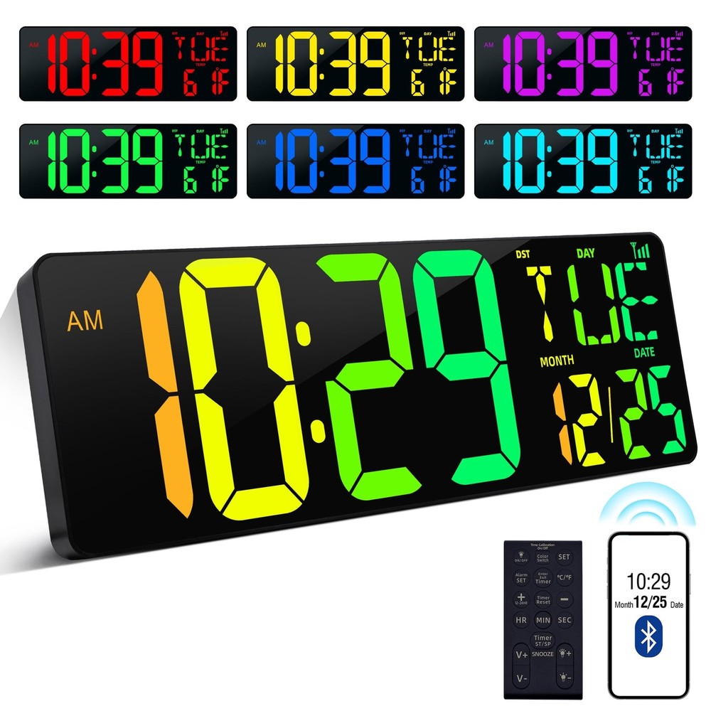 CYMHCHL Large Digital Wall Clock 17.2" Bluetooth Auto Time Sync Led Digital C...