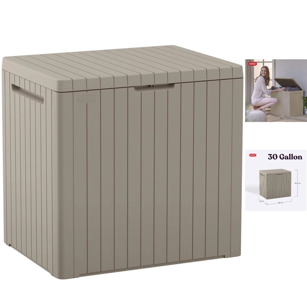 Compact Resin Outdoor Storage Box with Table Function – Lockable Beige Design