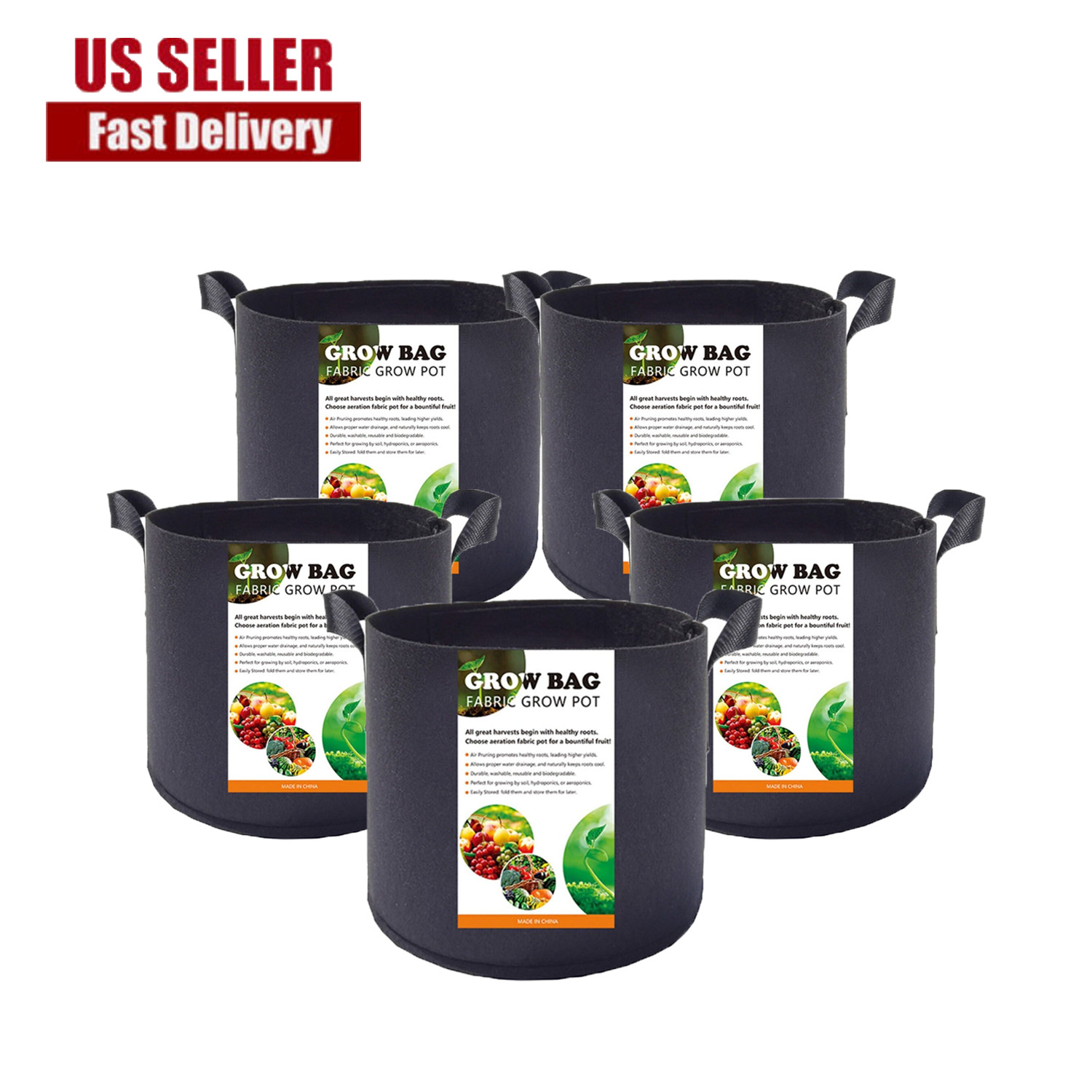 10 Pack Fabric Grow Pots Round Aeration Plant Pots Grow Bags 1-20 Gallon Black