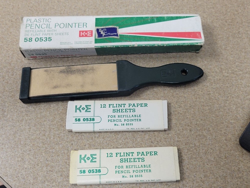Vtg K&E Keuffel & Esser Refillable Plastic Pencil Pointer w/ Flint Paper Sheets