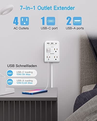 "Flat Multi Plug Extender with 3 USB Ports, 4 Outlet Surge Protector, 4ft Cord"