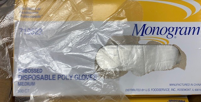 (500 pc) Monogram Embossed Poly Gloves Food Grade MEDIUM Disposable