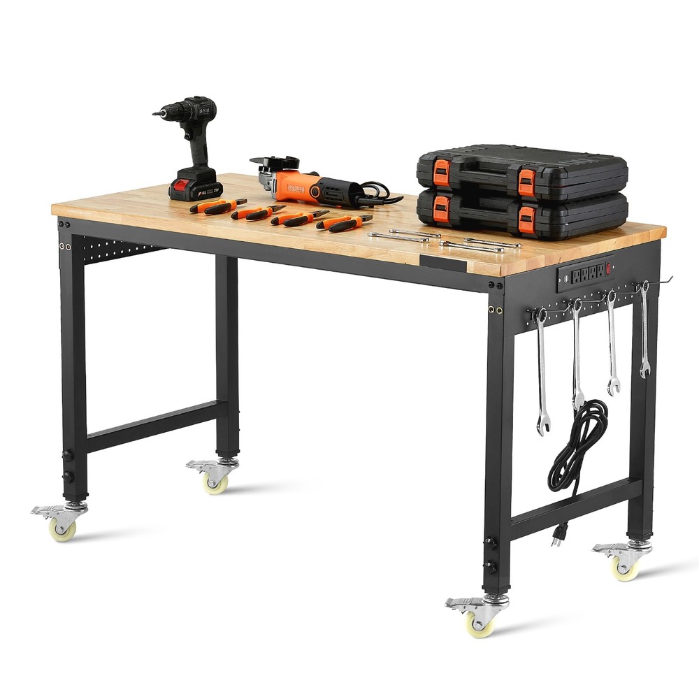 48" Workbench on Wheels Adjustable Height Table with Power Outlet & Pegboard