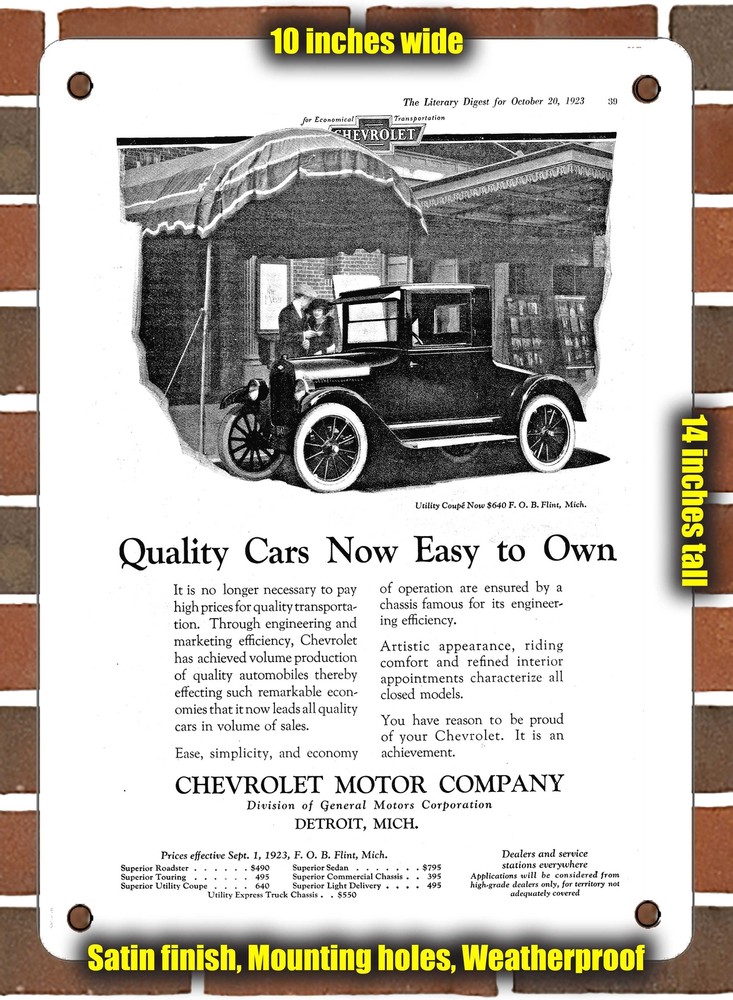 Metal Sign - 1924 Chevy Utility Coupe Quality Cars Now Easy to Own - 10x14"