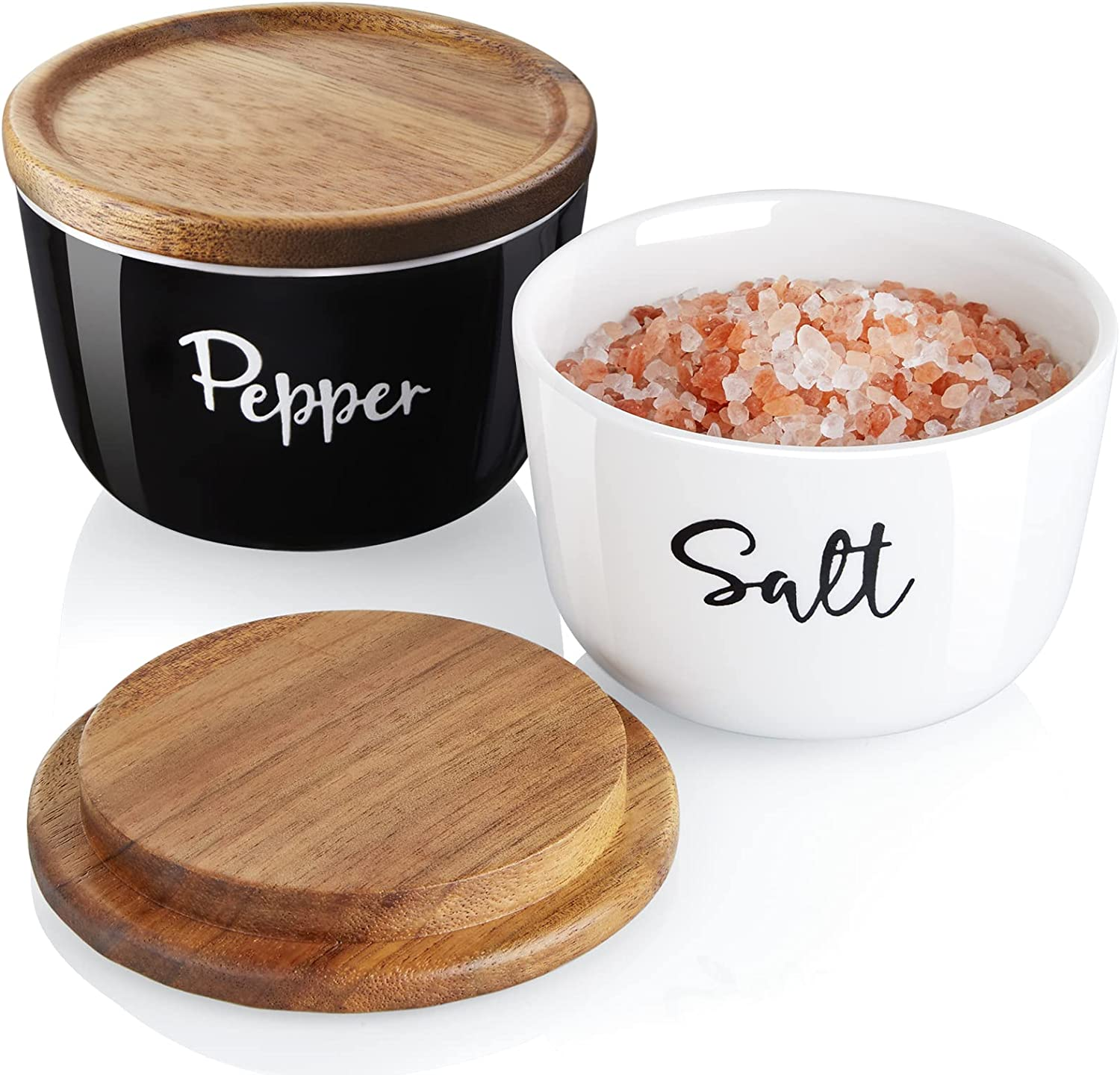 Salt and Pepper Bowls 10 Oz Salt Cellar with Wood Lid New Ceramic Set of 2 Bowls