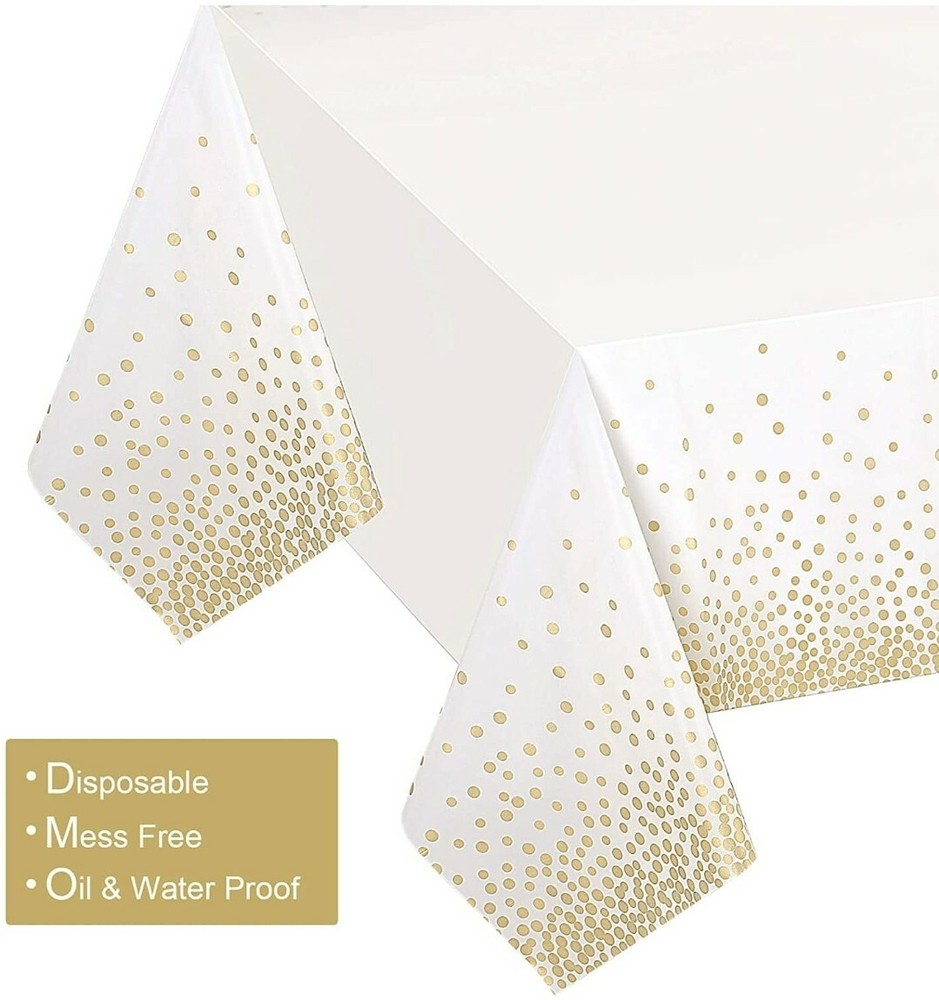 4 Pack White and Gold Tablecloth for Rectangle Tables, Plastic Disposable Covers