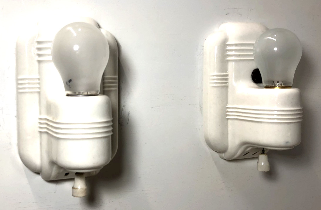 Vtg Porcelain Sconce Light Pair Bathroom Ceramic Wall Fixture Art Deco USA #L19