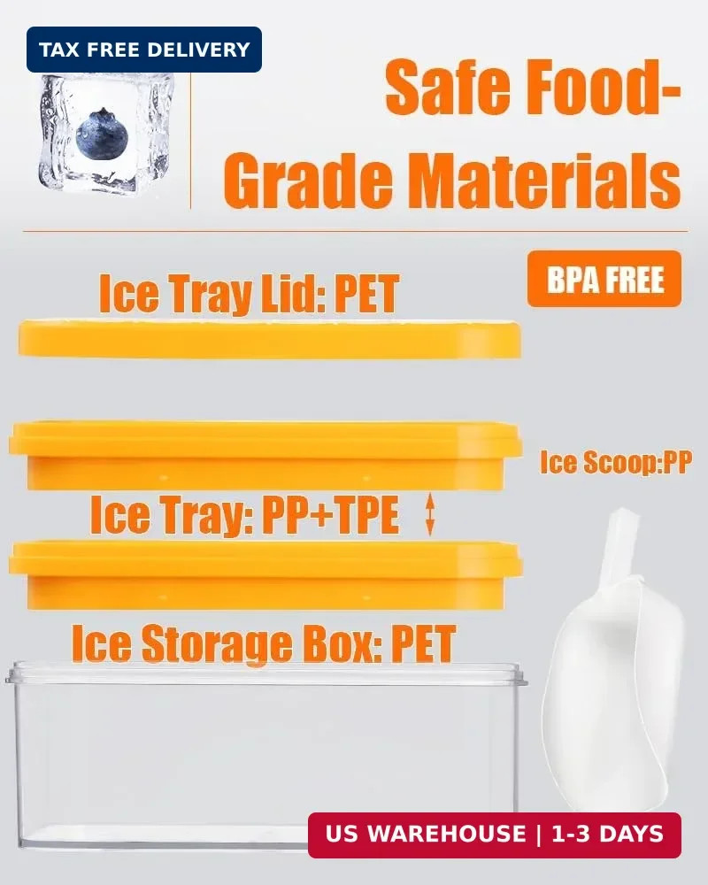 Brigii Ice Cube Tray with Lid&Bin, Ice Cube Mold with 56 Cubes, Stackable Ice Tr