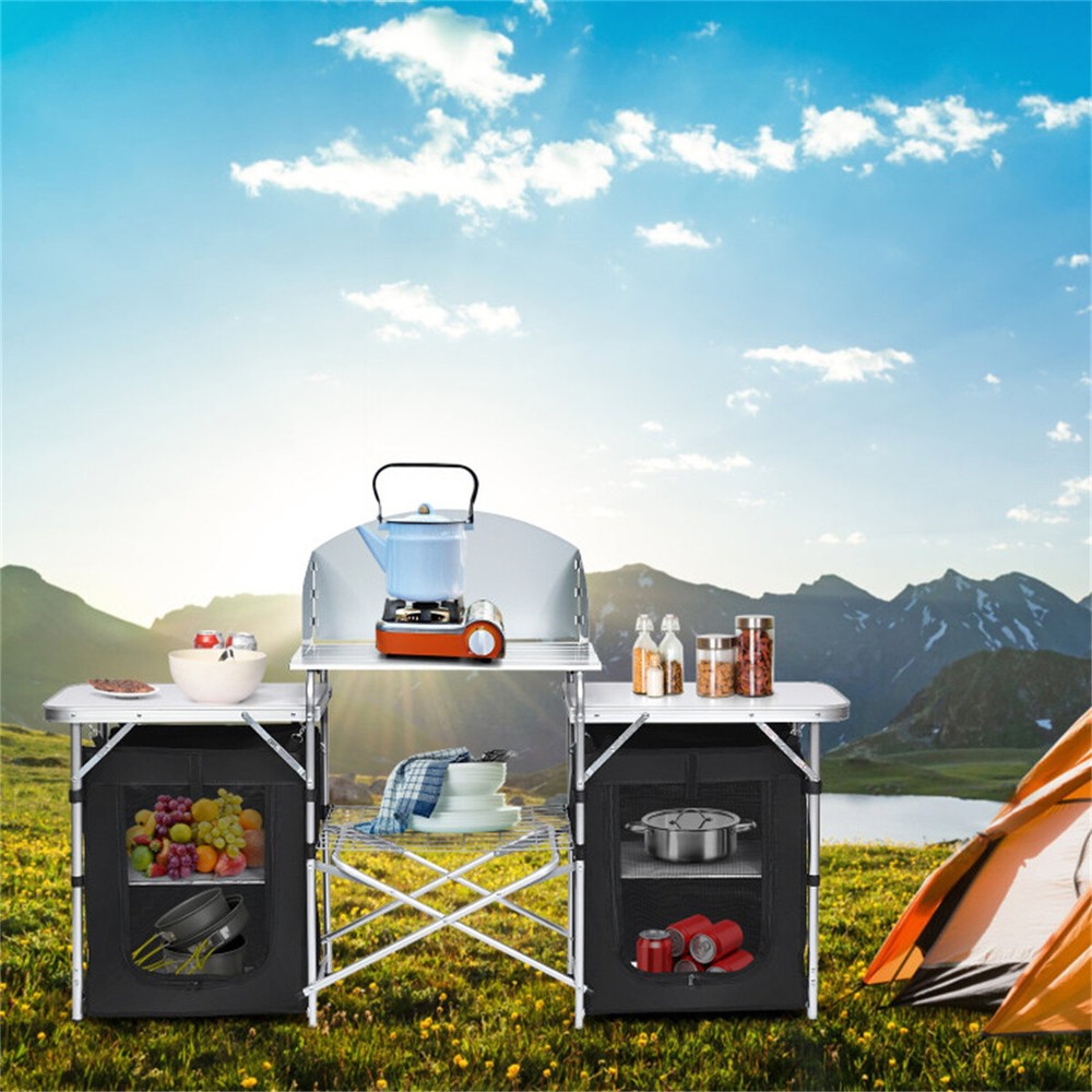 Foldable Camping Kitchen with 2-sided Windshield Pockets