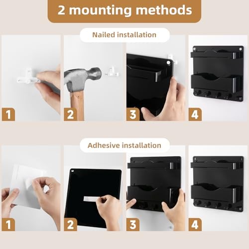 Bedside Wall Shelf with Glasses Hooks ，Adhesive Bedside Organizer Wall Black