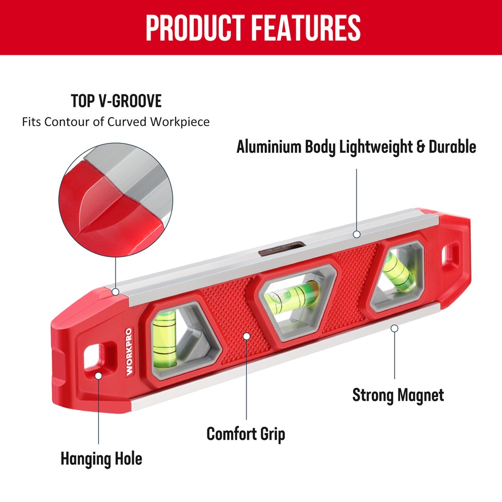 WORKPRO 9-Inch Torpedo Level Magnetic, Small Leveler Tool w/3 Different Bubbles
