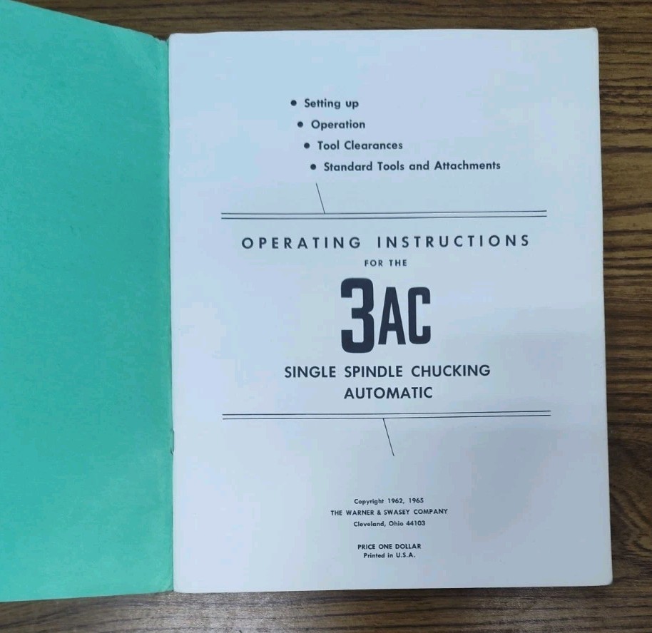 Warner & Swasey Co, OH 3ac Single Spindle Chucking Machine Operator Instructions