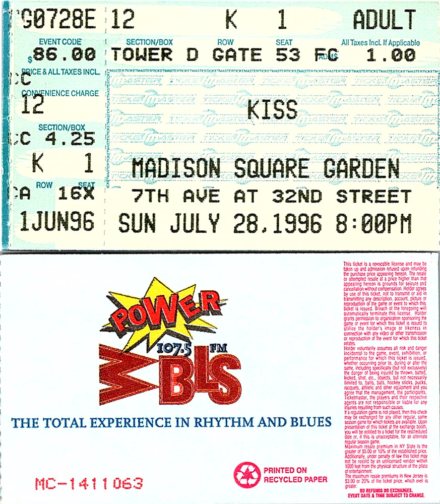 KISS CONCERT TICKET STUB, 7/28/1996, MADISON SQUARE GARDEN
