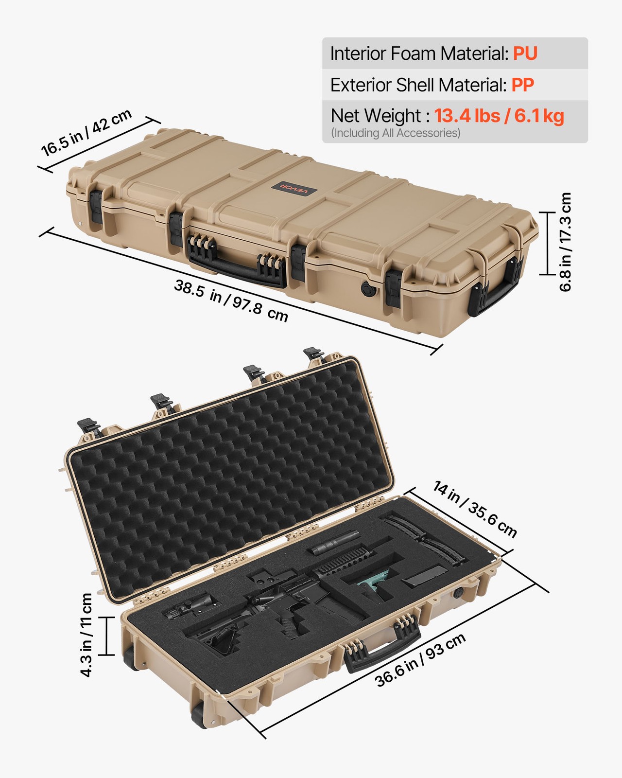 VEVOR Hard Rifle Case IP67 Waterproof Rifle Storage Case with Pre-cut Foam Khaki