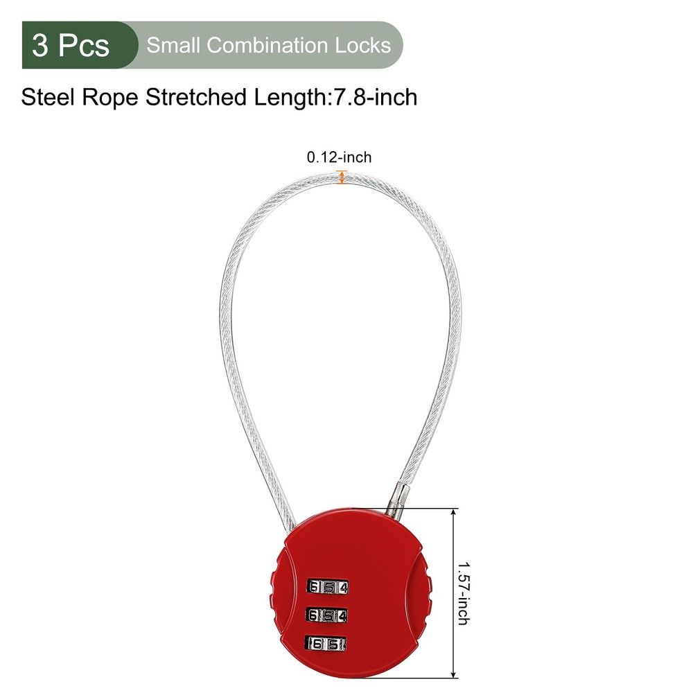 3Pc Small Combination Locks, 3 Digit Baggage Padlocks(Red, 7.8-Inch)