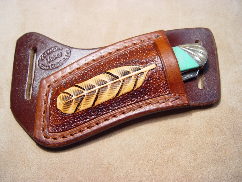 Custom Leather Crossdraw Sheath w/feather for 4” Trapper (left hand)