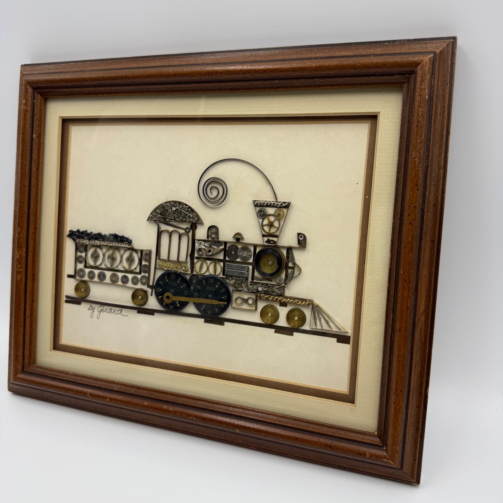 Vintage Handmade Framed Train Art Watch Gears & Findings