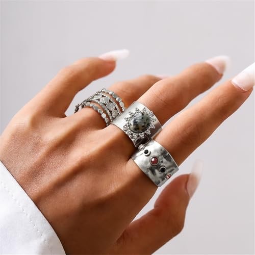 3Pcs Chunky Statement Ring Set for Women,Stackable Wide Band Rings Silver