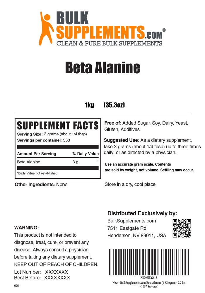 BulkSupplements Beta Alanine Powder 1kg - 3g Per Serving