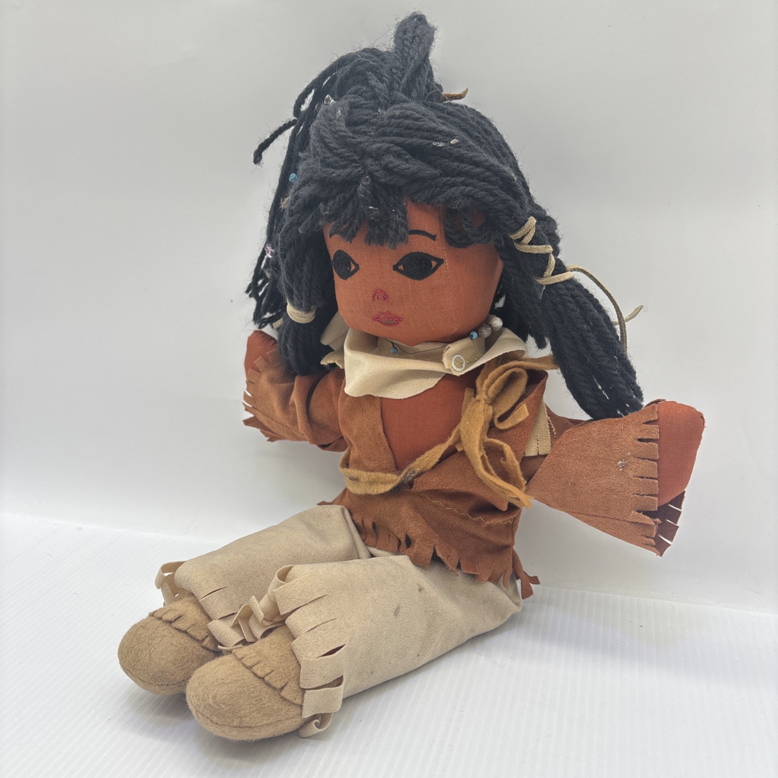 Native American Doll Yarn Hair Vintage Beads In Her Hair Female Doll {70}