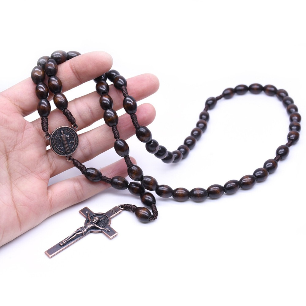 Saint St Benedict Wood Beads Rosary Prayer Crucifix Cross Jerusalem Deep Brown