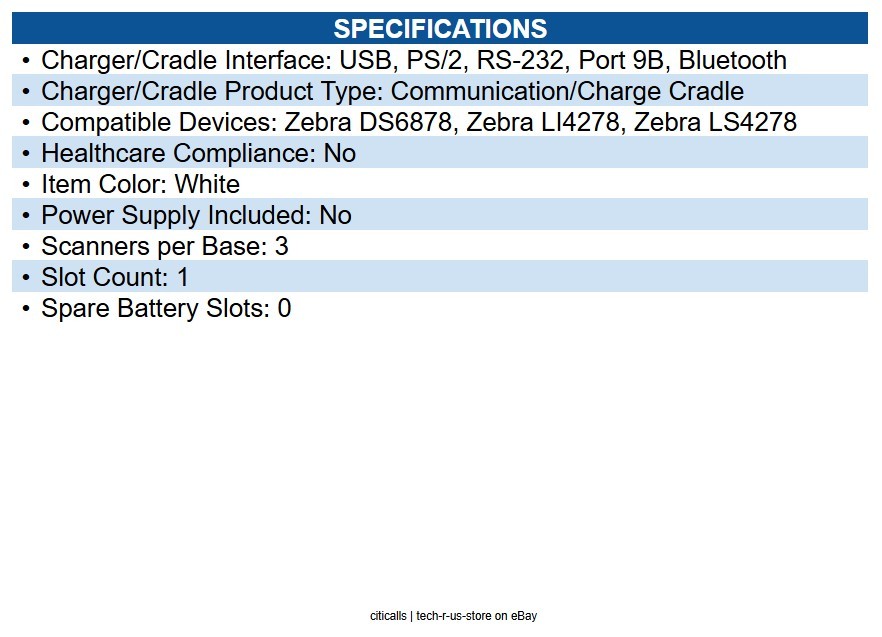 Zebra CR0078-SC10001WR Barcode Scanner Cradle - Wired - Bar Code Scanner - White