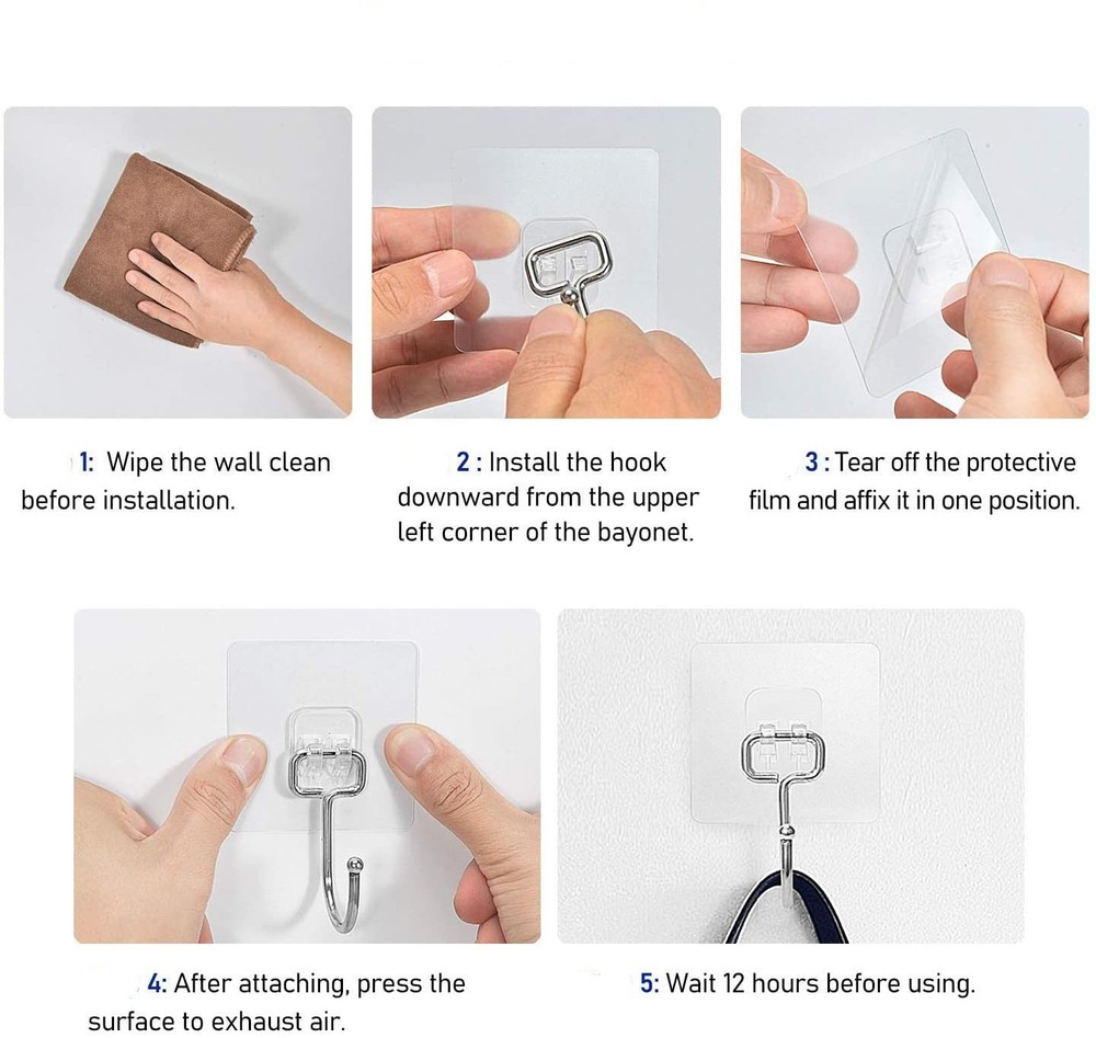 Large Adhesive Hooks 22Ib(Max),Waterproof and Rustproof Large, Transparent