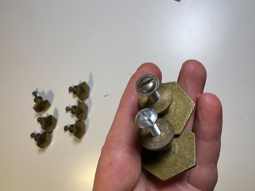 Vintage Mid Century Modern MCM Solid Brass Faceted Hex Drawer Pulls Knobs Set 8