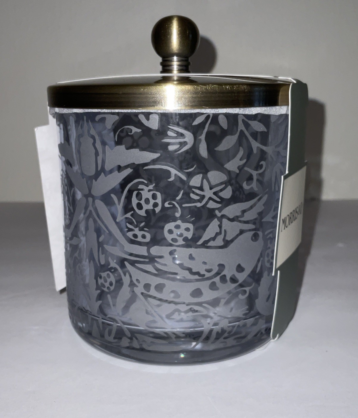 MORRIS & Co. STRAWBERRY THIEF GLASS GOLD LID COTTON BALL JAR BATHROOM VANITY NWT