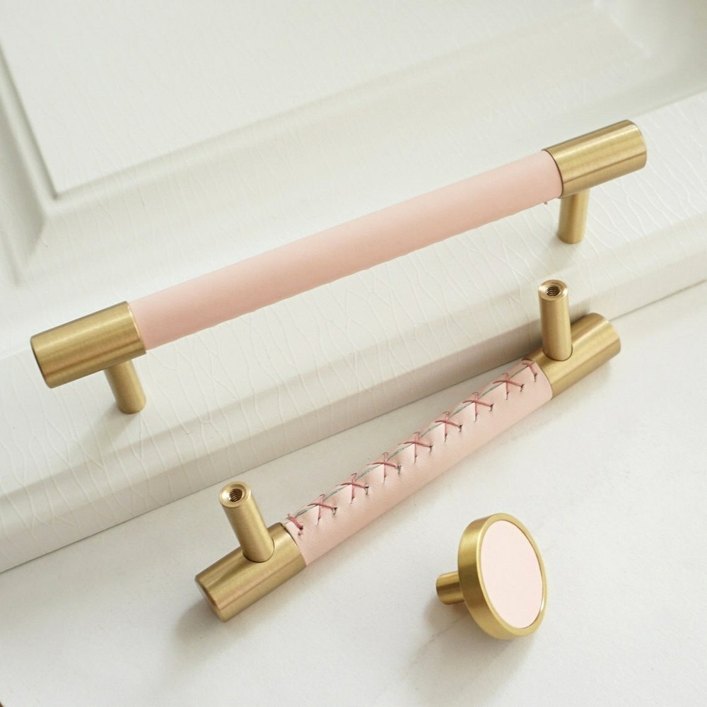 Pink Leather Cabinet Door Handles Dresser Drawer Knobs Pulls Solid Brass Pulls