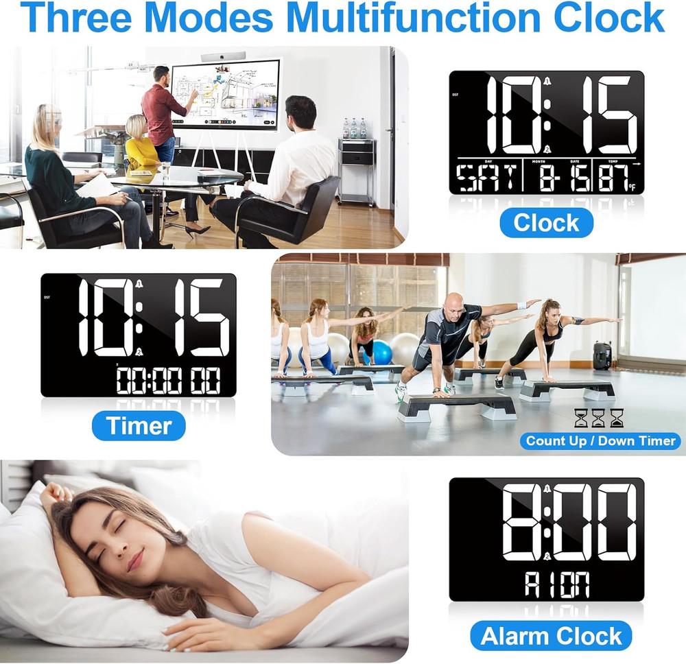 13" Bluetooth Auto Sync Wall Clock - Large Digital Alarm Clock with Remote, 25 R