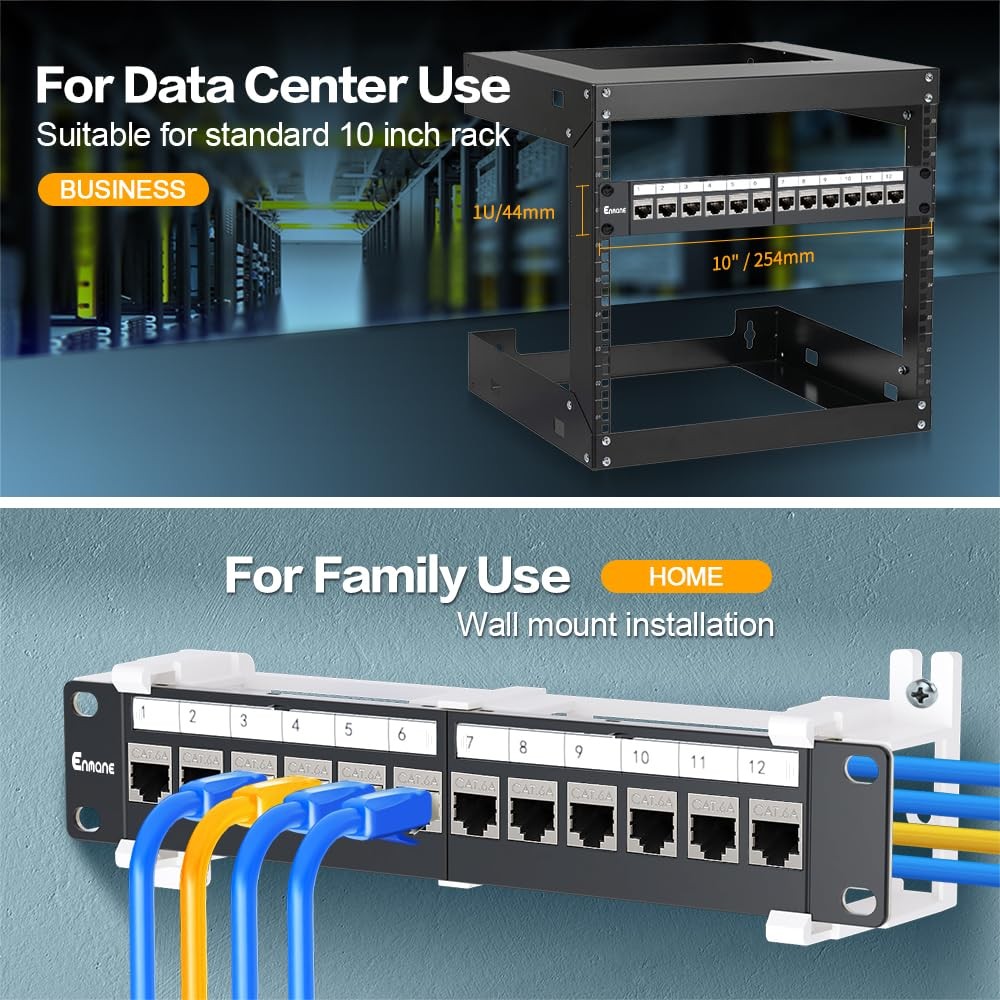 12 Port Patch Panel CAT6a Wall Mount 10 Inch Bracket Included 1U CAT6a