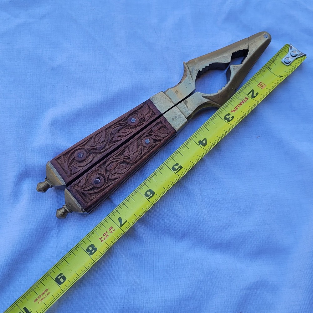 Vintage Solid Brass Ornate Carved Wooden Handle Nutcracker