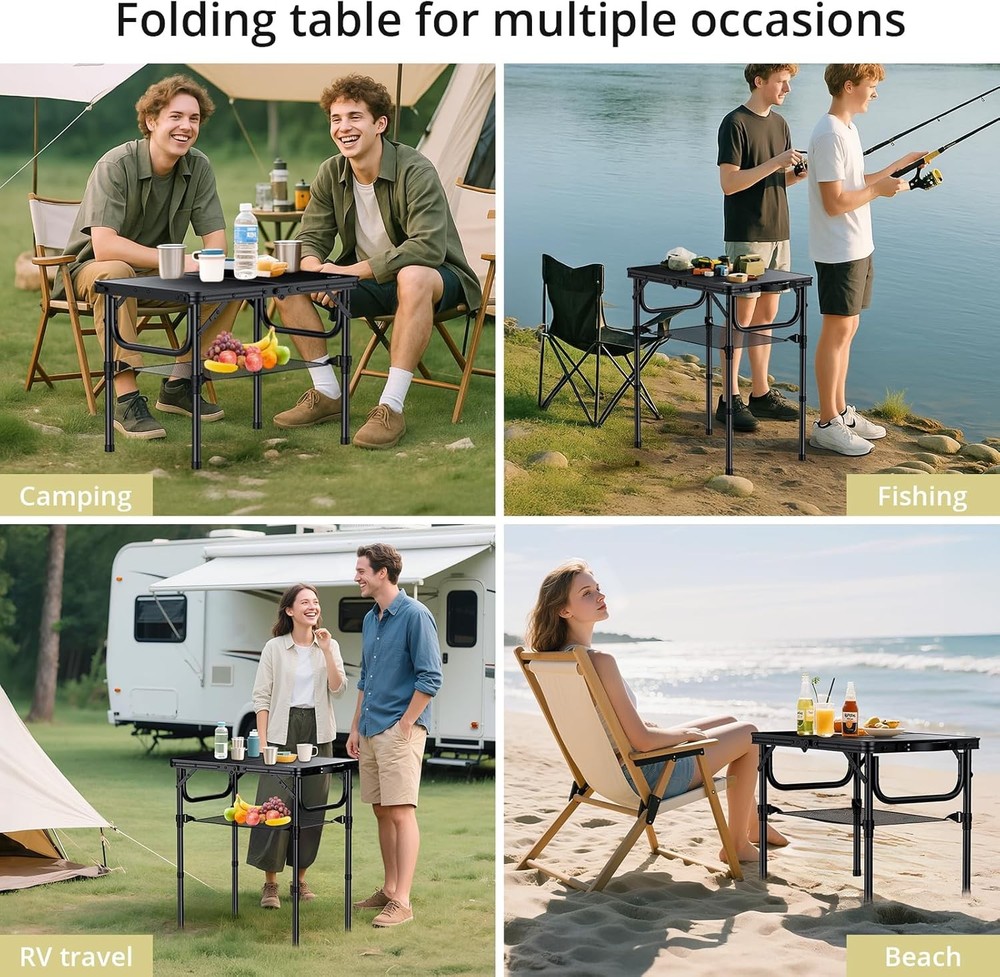 2ft Folding Camping Table W/ Storage Net 3 Adjustable Heights Small Folding