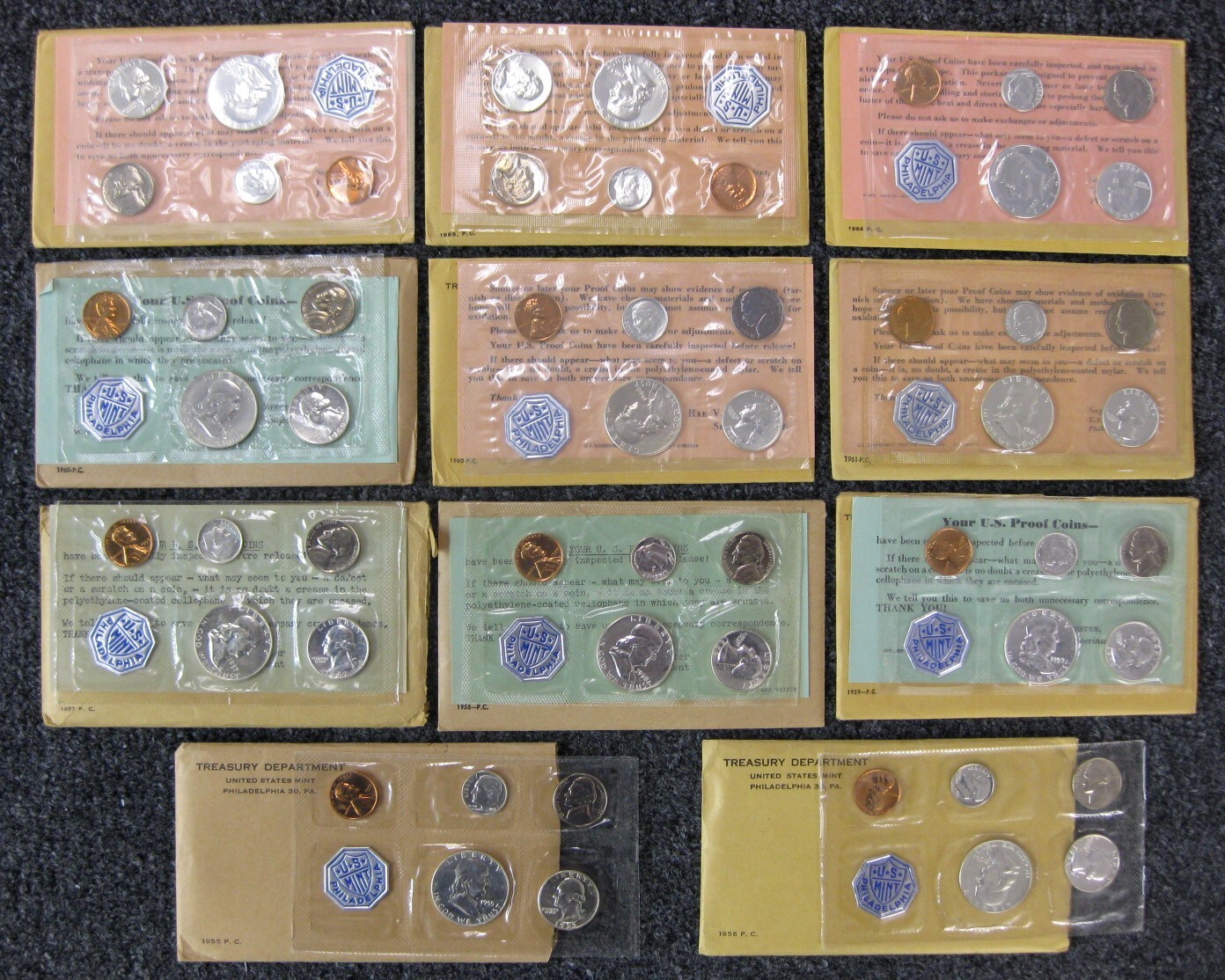 1955 thru 1964 Run of 11 Government Issued Proof Sets  Including 1960 Small Date