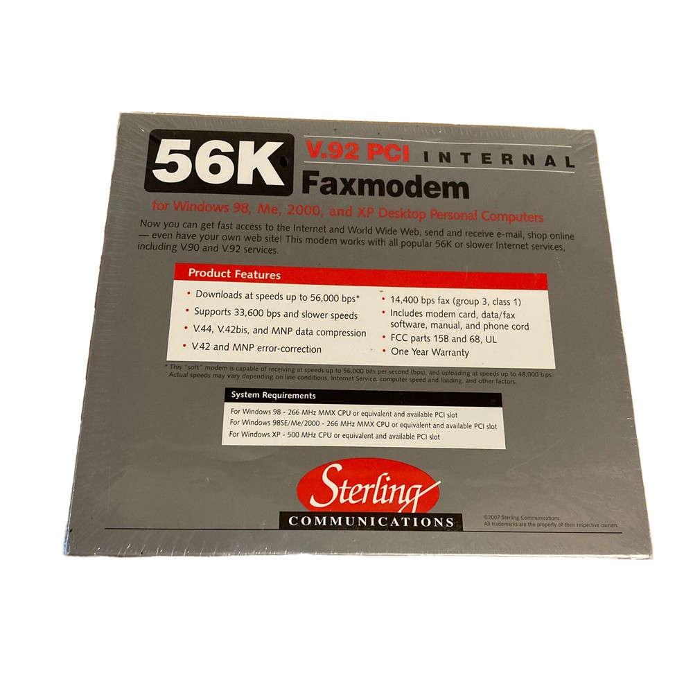 56K MODEM Internal Faxmodem V.92 PCI Sterling Communications Model S20