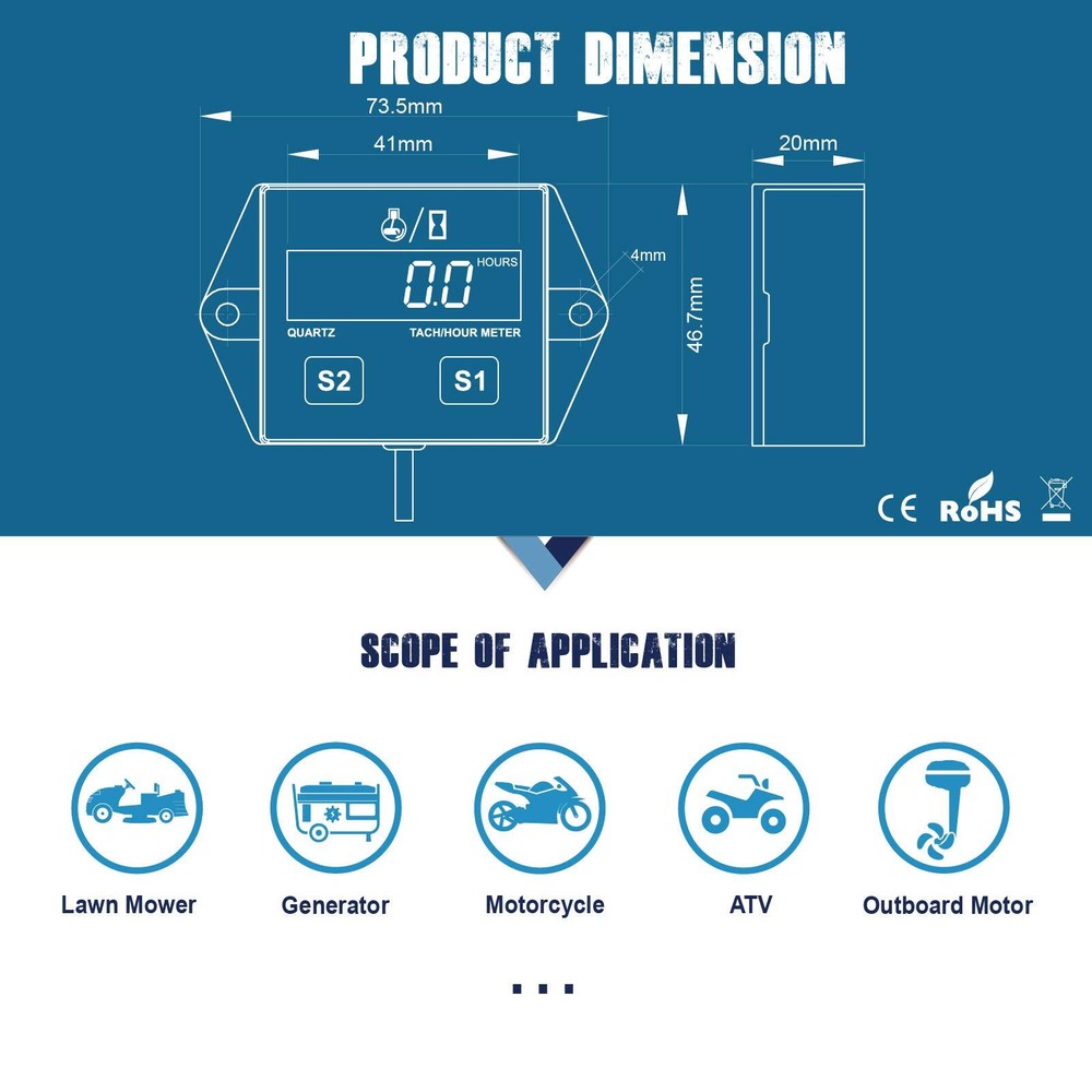 Digital Hour Meter Tachometer Maintenance Reminder Battery Replaceable Automa...