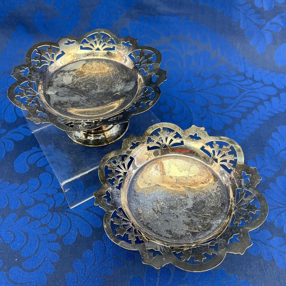 Ornate Pair Of 5” Silver Plated Footed Pierced Serving Bowls Dish Candy