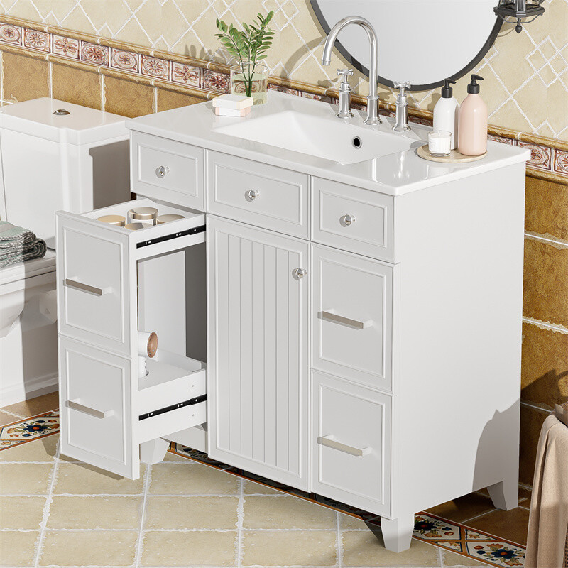 36" White Bathroom Vanity Set,Solid Wood Frame w/Ceramic Sink &Versatile Storage
