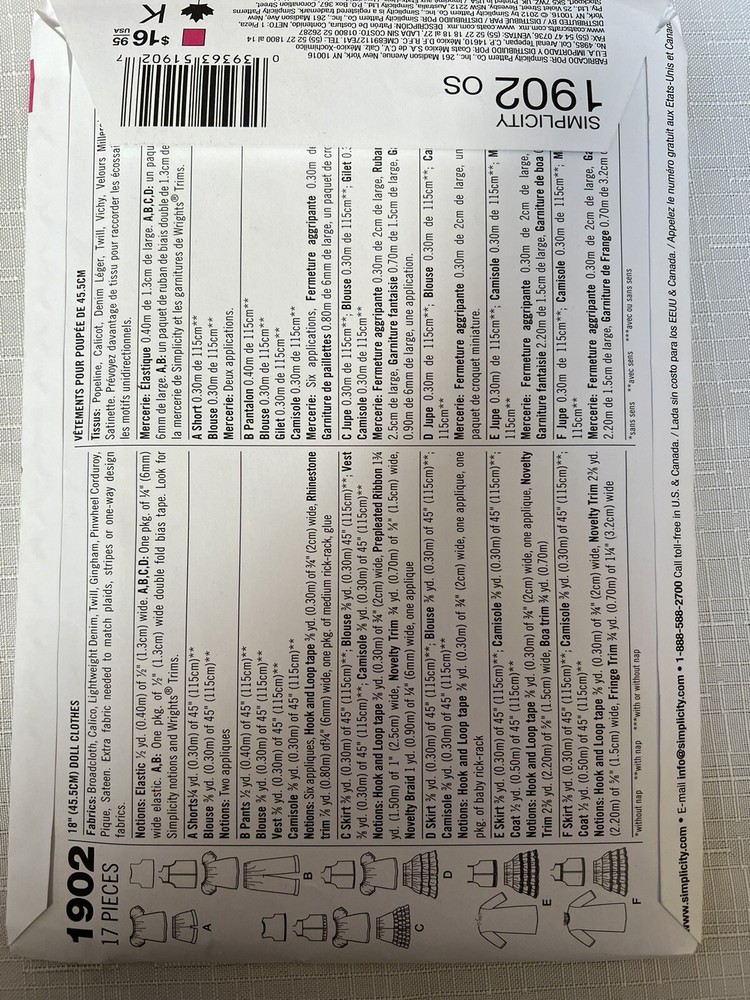NEW* Simplicity #1902 Sewing pattern / Elaine Heigl 18” Doll Clothes Patterns