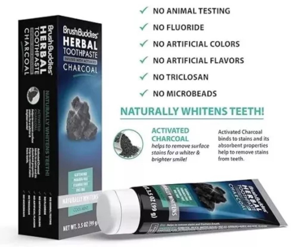 Brush Buddies Herbal Toothpaste 3.5oz Activated Charcoal Cool Mint 3 pack