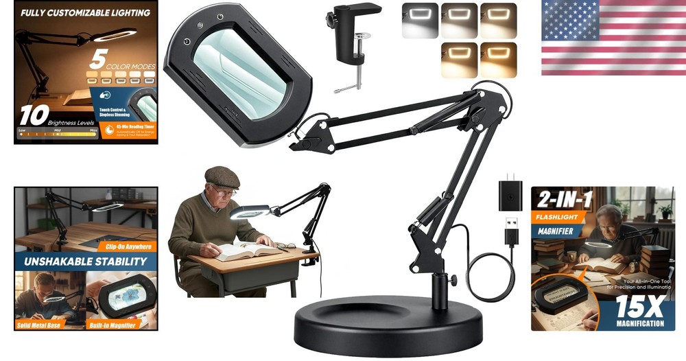 10X 30X Lighted Magnifying Glass with Stand & Clamp, 7" Large Rectangular