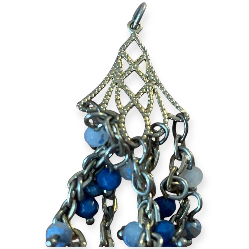 Long Silver Tone Chandelier Pendant | Blue Beaded Dangle Statement Charm